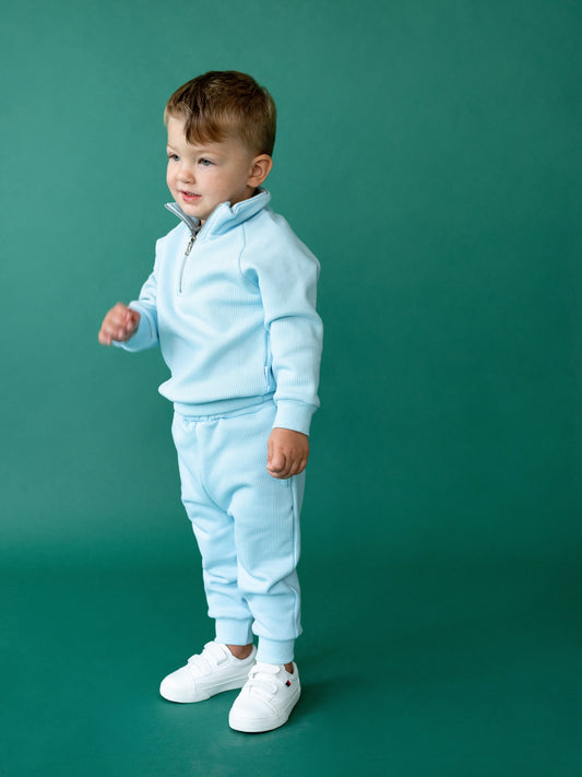 Elegant Frost Blue Ribbed Cotton Fleece Tracksuit for Kids, Ages 1-10 by DreamBuy - Perfect blend of style, comfort and versatility for young trendsetters.