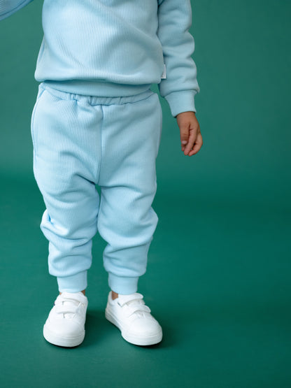 Luxury Frost Blue Ribbed Cotton Fleece Tracksuit for Kids by DreamBuy, designed for ages 1-10, showcasing a stylish and comfortable fit.