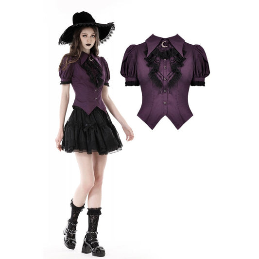 Elegant Deep Purple Cotton Druantia Blouse by Dark In Love featuring a stylish crescent moon charm and luxurious puff sleeves, perfect for a celestial-inspired outfit.