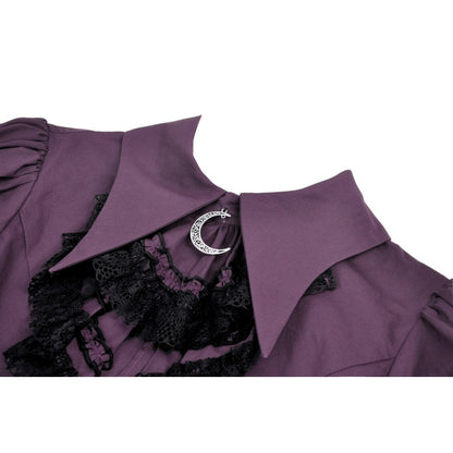 Elegant Dark In Love Druantia Blouse in deep purple cotton featuring a charming crescent moon pendant and puff sleeves.