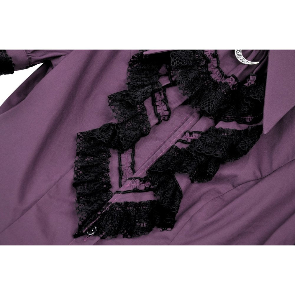 Stylish puff sleeves of the Dark In Love Druantia Blouse in rich deep purple, ideal for a celestial-themed ensemble.