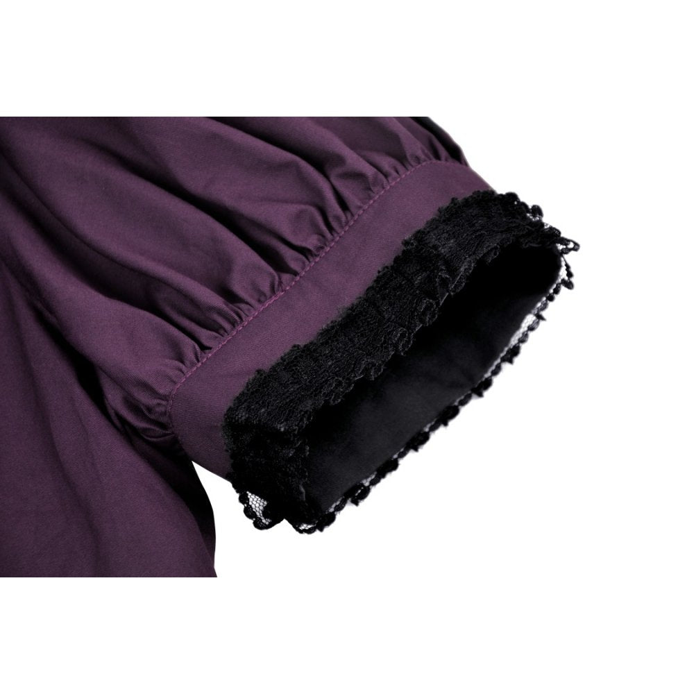 Elegant Dark In Love Druantia blouse in deep purple cotton featuring enchanting puff sleeves and a crescent moon charm detail.