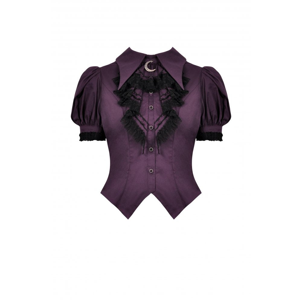 Back view of the Druantia Blouse by Dark In Love, illustrating the luxurious craftsmanship in deep purple cotton and chic puff sleeve design.