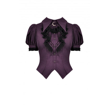 Back view of the Druantia Blouse by Dark In Love, illustrating the luxurious craftsmanship in deep purple cotton and chic puff sleeve design.