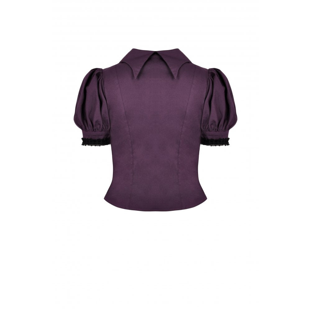 Druantia Blouse elegantly styled on a mannequin, showcasing the sophisticated deep purple colour and celestial crescent moon charm accent, embodying luxury fashion.