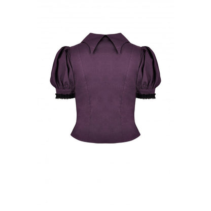 Druantia Blouse elegantly styled on a mannequin, showcasing the sophisticated deep purple colour and celestial crescent moon charm accent, embodying luxury fashion.
