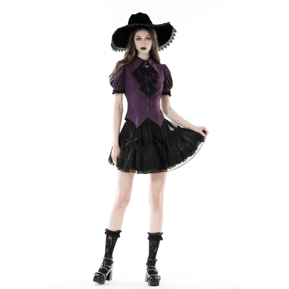 Druantia Blouse by Dark In Love in deep purple, highlighting the puff sleeves and the exquisite fabric, ideal for creating an otherworldly fashion statement.