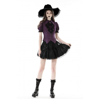 Druantia Blouse by Dark In Love in deep purple, highlighting the puff sleeves and the exquisite fabric, ideal for creating an otherworldly fashion statement.