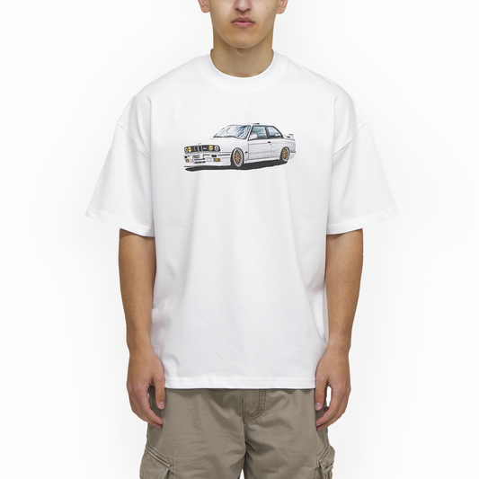 FROST Frost E30 Graphic Tee showcasing the luxurious dropped shoulder design, perfect for streetwear enthusiasts and car lovers.
