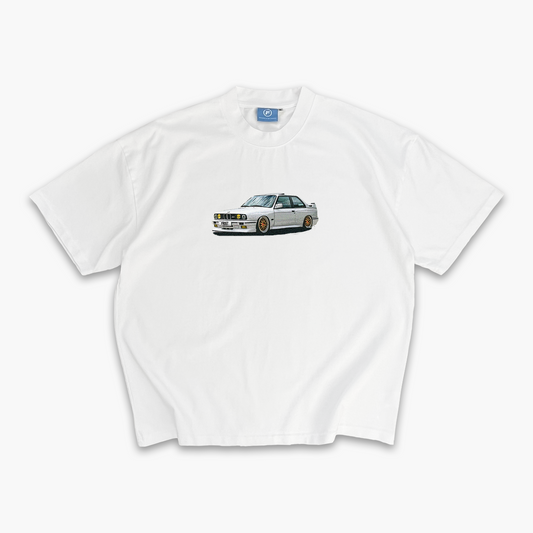 FROST Frost E30 Graphic Tee in Chalk White featuring a premium oversized boxy fit, displaying a bold E30 BMW graphic on heavyweight 305GSM cotton.