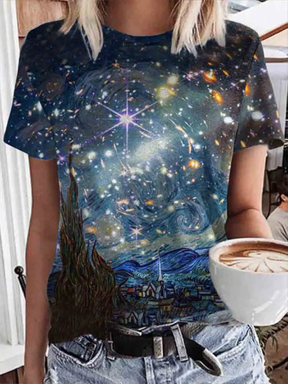 Elegant Starry Night Art Print on a Women's Casual T-Shirt by Dazzling Dreams Studio, crafted from soft and breathable fabric for timeless style and comfort.