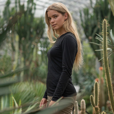 Luxury organic cotton long-sleeve tee featuring a rigid ribbed collar and elegant twin-needle stitching for superior quality.