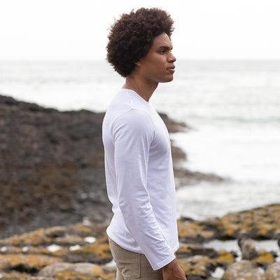 Close-up of the eco-friendly 100% organic cotton long-sleeve t-shirt, showcasing the refined ribbed collar and meticulous stitching detail.