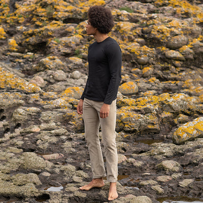 Model wearing the luxury organic cotton long-sleeve tee, designed for comfort and style, perfect for eco-conscious fashion.