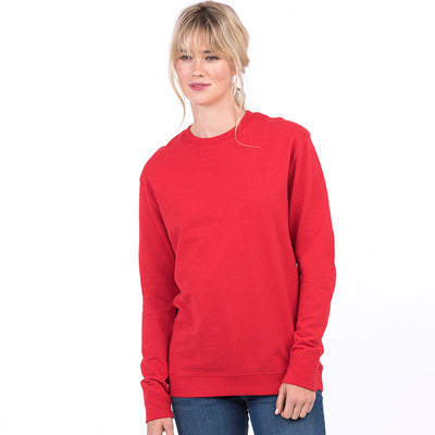Eco-friendly French terry construction of the long sleeve sweatshirt, showcasing a stylish crew neck and ribbed cuffs for ultimate comfort.