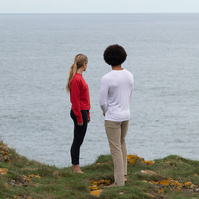 Detailed view of the luxurious recycled cotton sweatshirt stitching, illustrating craftsmanship and commitment to sustainability by Earth Wardrobe.