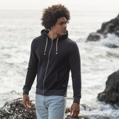 Elegant display of the Contrast Zipped Recycled Hoodie featuring its peached outer fabric, showcasing its commitment to sustainable luxury and comfort.
