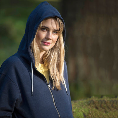 Luxurious Contrast Zipped Recycled Hoodie from Earth Wardrobe, made from 70% regenerated cotton, with a soft brushed interior and stylish colour details, ideal for environmentally conscious fashion.