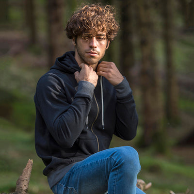 Sophisticated styling of the Contrast Zipped Recycled Hoodie, underlining the beauty of sustainable fashion crafted from recycled materials, perfect for a refined wardrobe.