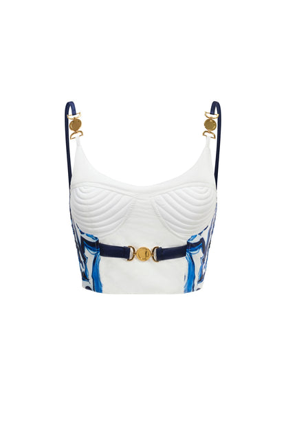 Sophisticated Penelope maxi skirt showcasing exquisite Dolce & Gabbana inspired design, elegantly paired with matching bralette crop top.