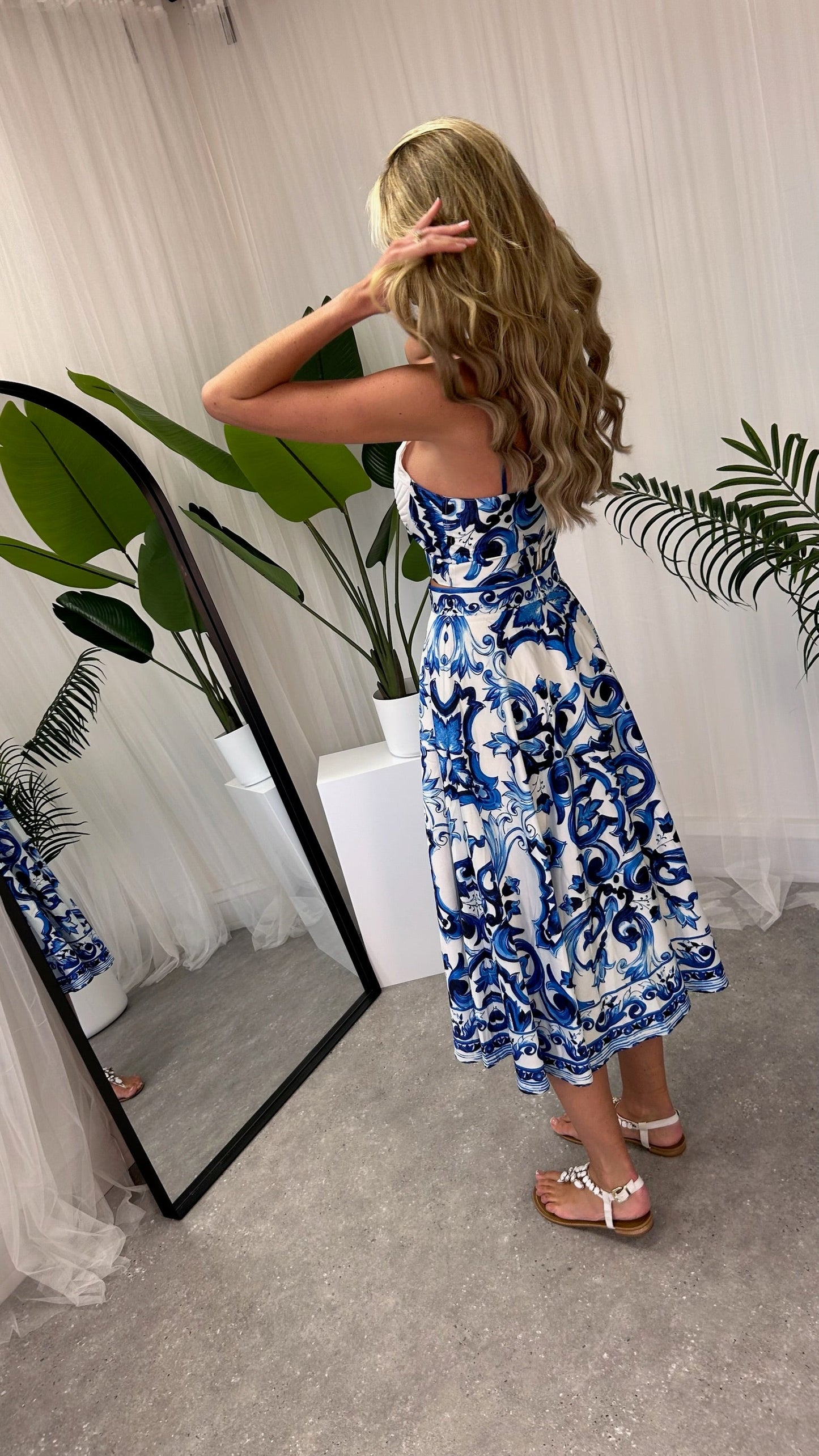 Penelope 2-Piece Bralette Crop Top and Maxi Skirt Set featuring a Luxe Dolce & Gabbana Inspired Print, perfect for summer fashion.