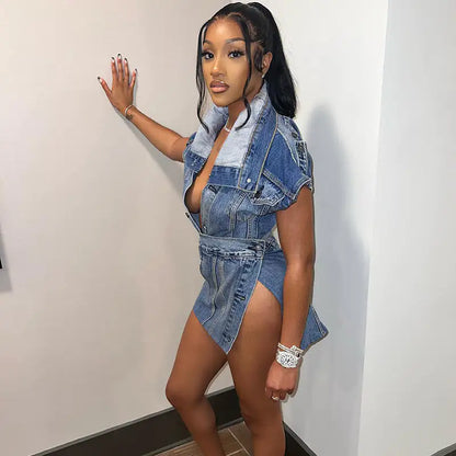 Chloe Women's Denim Skirt Set highlighted by a stylish model in a contemporary denim outfit, capturing the essence of elegance and versatility.