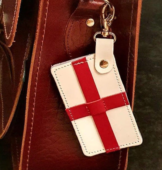 Handmade Leather England Flag Bag Charm by Zatchels, showcasing premium craftsmanship and luxury design, measuring 60 x 100 mm.