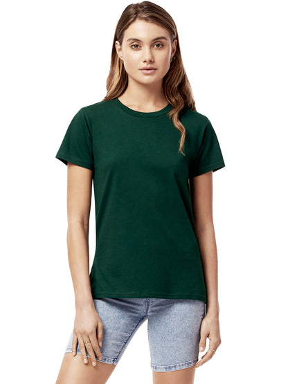 Size guide for luxury organic cotton essential t-shirts, promoting inclusivity and proper fit for women.