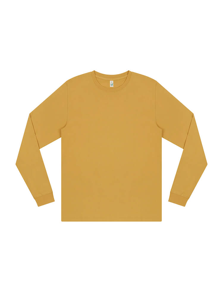 Lifestyle shot of the Organic Cotton Relaxed Fit Long Sleeve Tee, showcasing its versatility and ease of layering, ideal for a luxurious casual outfit.