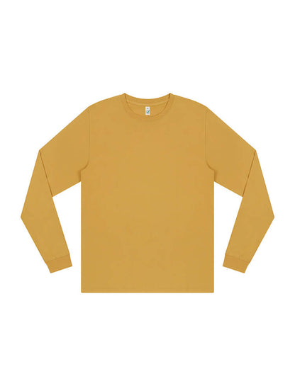 Lifestyle shot of the Organic Cotton Relaxed Fit Long Sleeve Tee, showcasing its versatility and ease of layering, ideal for a luxurious casual outfit.