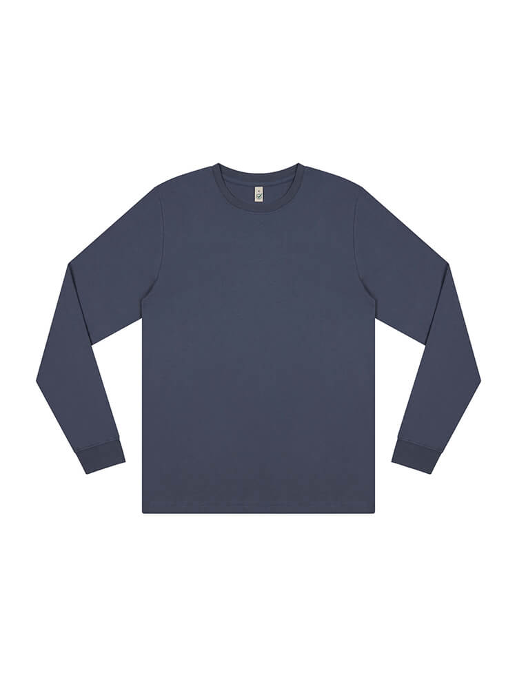 Luxurious organic cotton long sleeve tee in a relaxed fit, showcasing its soft garment-washed fabric with a subtle faded look.