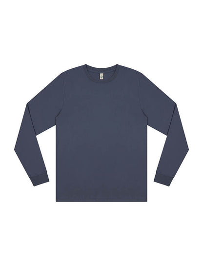 Luxurious organic cotton long sleeve tee in a relaxed fit, showcasing its soft garment-washed fabric with a subtle faded look.
