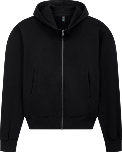 Elegant organic cotton bomber jacket hoodie in a sophisticated setting, highlighting eco-friendly luxury and timeless style from Earth Wardrobe.