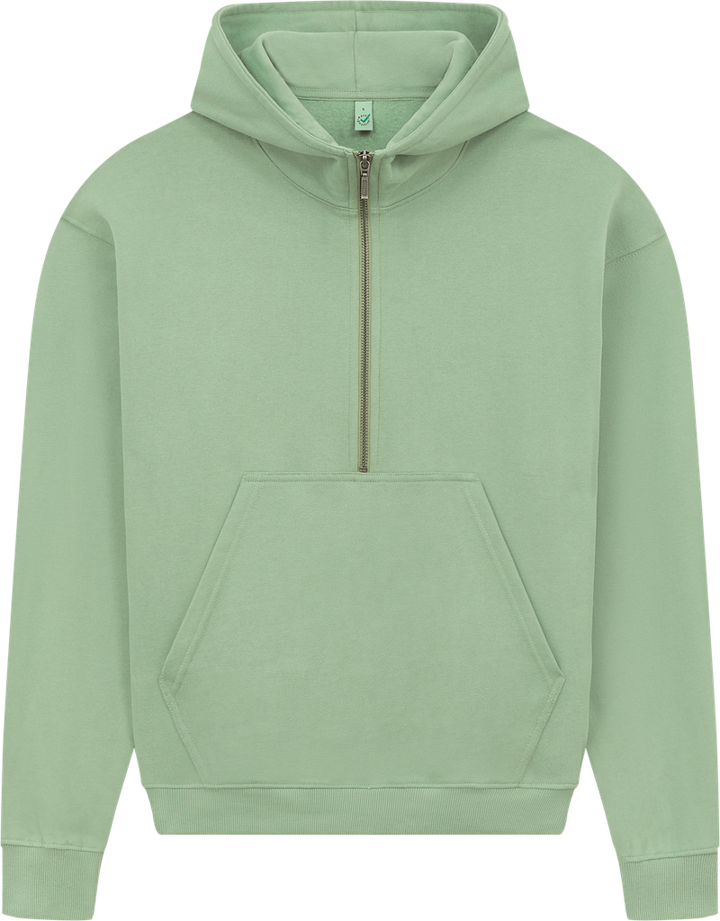 Luxurious detail of the half-zip design on Women's Organic Cotton Hoodie, accentuating style and versatility.
