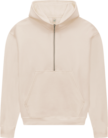 Elegant women's organic cotton half zip hoodie showcasing a relaxed fit and stylish design, perfect for environmentally-conscious fashion enthusiasts.