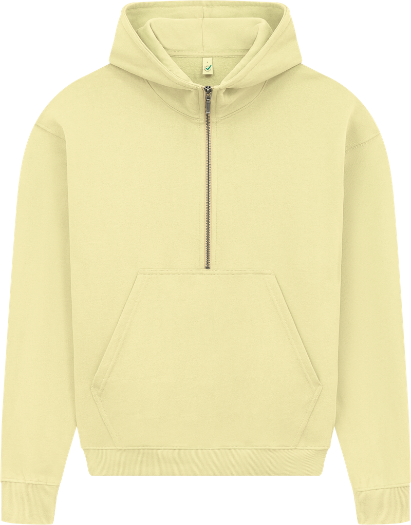 Women's organic cotton half zip hoodie in elegant beige, showcasing a relaxed fit and stylish layering options.