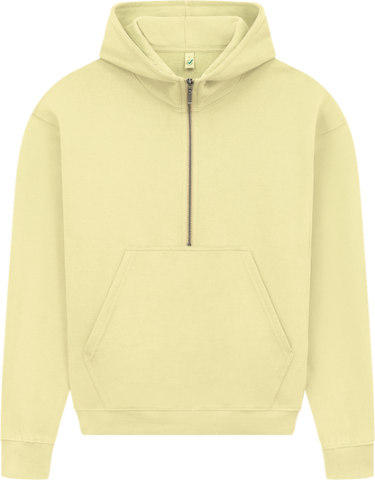 Women's organic cotton half zip hoodie in elegant beige, showcasing a relaxed fit and stylish layering options.