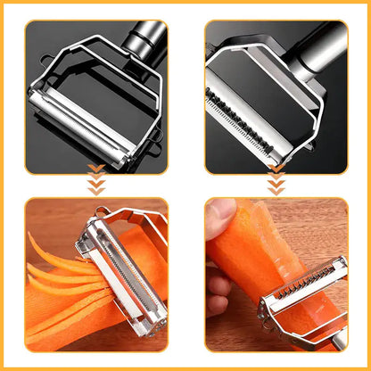 Collage image illustrating the versatility of a stainless steel vegetable peeler, demonstrating its peeling efficiency across various vegetables.