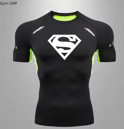 Sophisticated men's black compression top showcasing a striking white Superman logo, perfect for fitness enthusiasts who seek comfort and style.