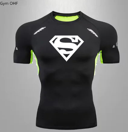Premium men's quick dry sports t-shirt in black with vibrant neon accents and a prominent Superman logo, designed for optimal performance.
