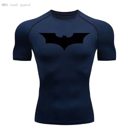 Men's short sleeve navy blue compression top showcasing a striking black Batman logo, perfect for workouts and sun protection.