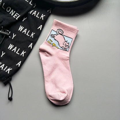 Elegant pink Stylish Hip Hop Long Socks for Women & Girls featuring a cute cartoon cat design. These socks are a luxurious addition, ensuring comfort and style.