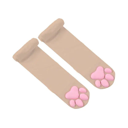 Playful Lolita 3D Cat Claw Sexy Compression Stockings for Women - Elegant nude stockings with pink cat paw design, showcasing their soft and breathable material.