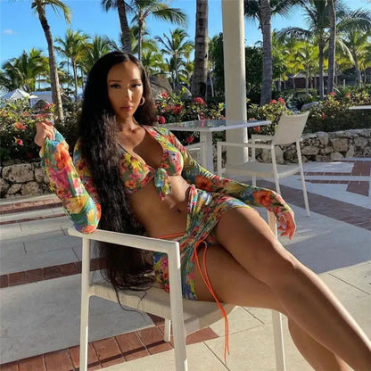 Elegant Floral Mesh Skirt Set featuring an A-Line silhouette by Dazzling Dreams Studio, showcasing vibrant floral patterns and a sheer overlay, perfect for sophisticated occasions.