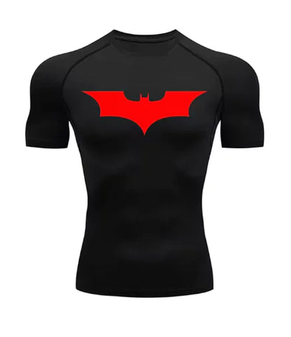 Men's short sleeve compression shirt in sleek black adorned with a striking red Batman emblem, perfect for active lifestyles.