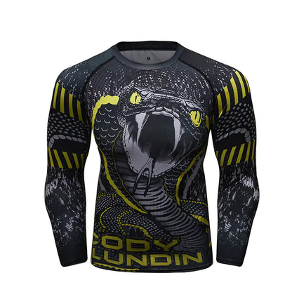 Men's long sleeve compression shirt adorned with a dynamic snake design, merging style and performance, perfect for high-energy workouts in cooler weather.