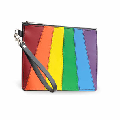 Luxury Handmade Leather Folio Case in Pride Rainbow design, crafted from premium Scottish leather, measuring 25.2cm x 18.1cm, ideal for carrying notebooks and tablets with detachable hand-strap.