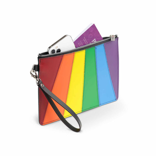 Handmade Leather Folio Case in Pride Rainbow design, showcasing premium Scottish leather craftsmanship, perfect for tablets and notebooks with vibrant colours.