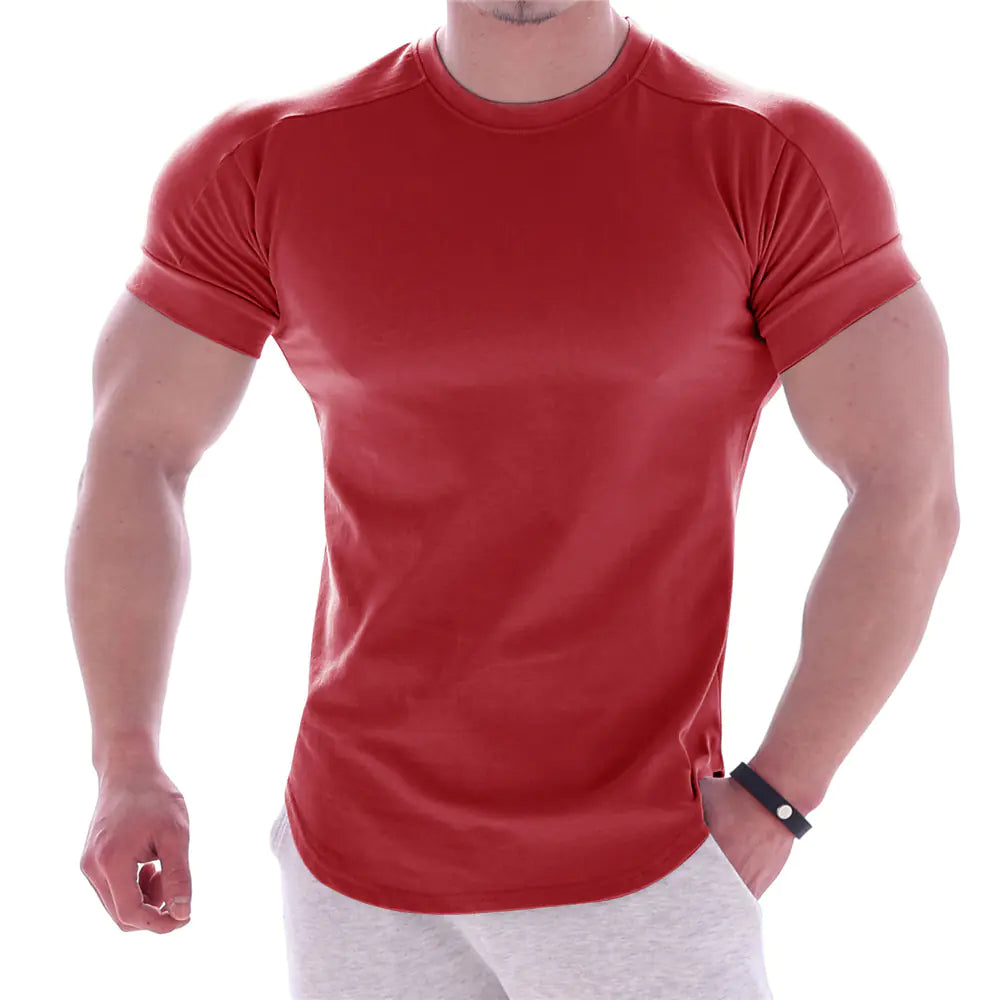 Stylish men's athletic T-shirt in a vibrant red shade, offering an exceptional fit for optimal performance in sports and workouts.