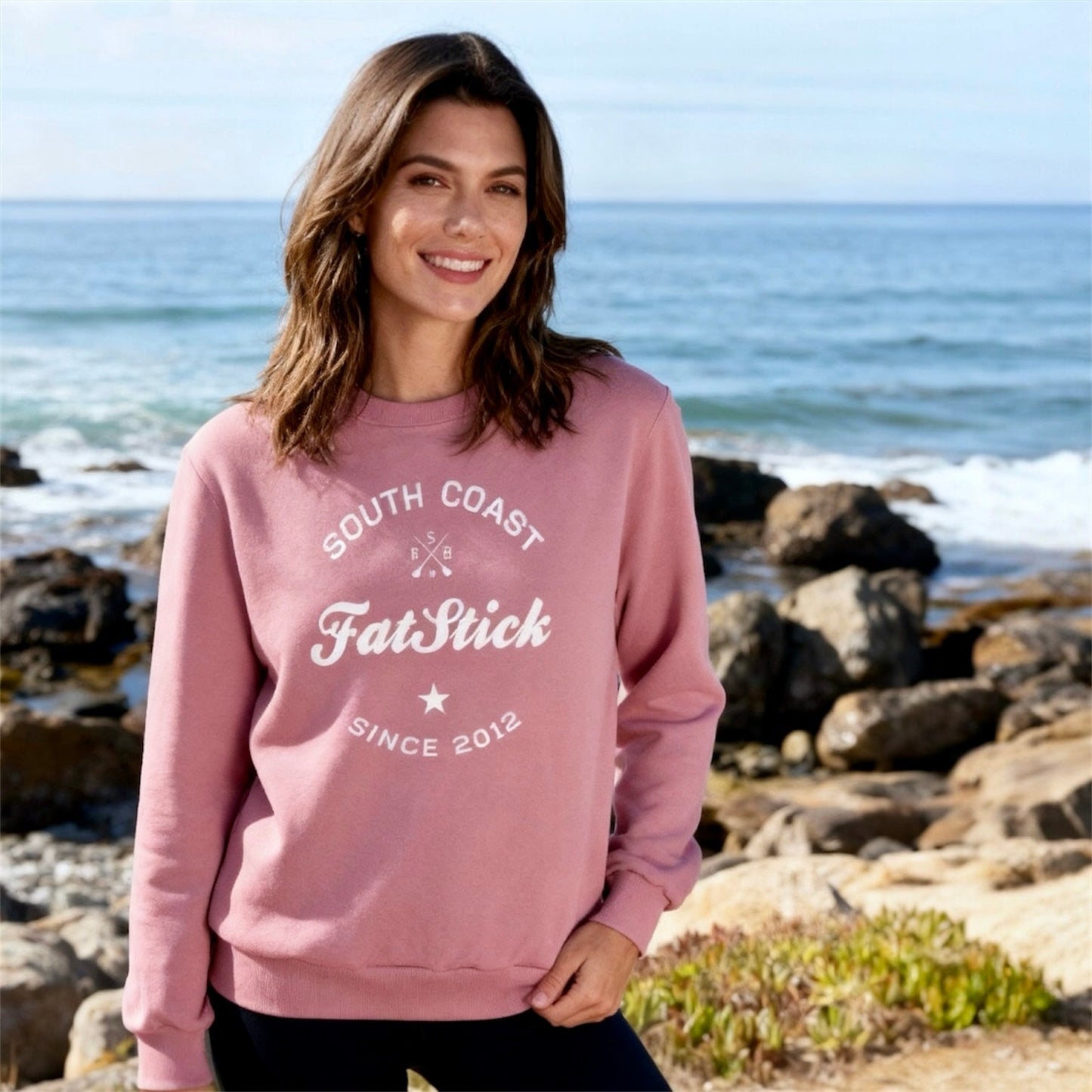 Close-up of the premium flock printed logo on the FatStick South Coast Eco-Friendly Unisex Lifestyle Sweater, highlighting its texture and quality.